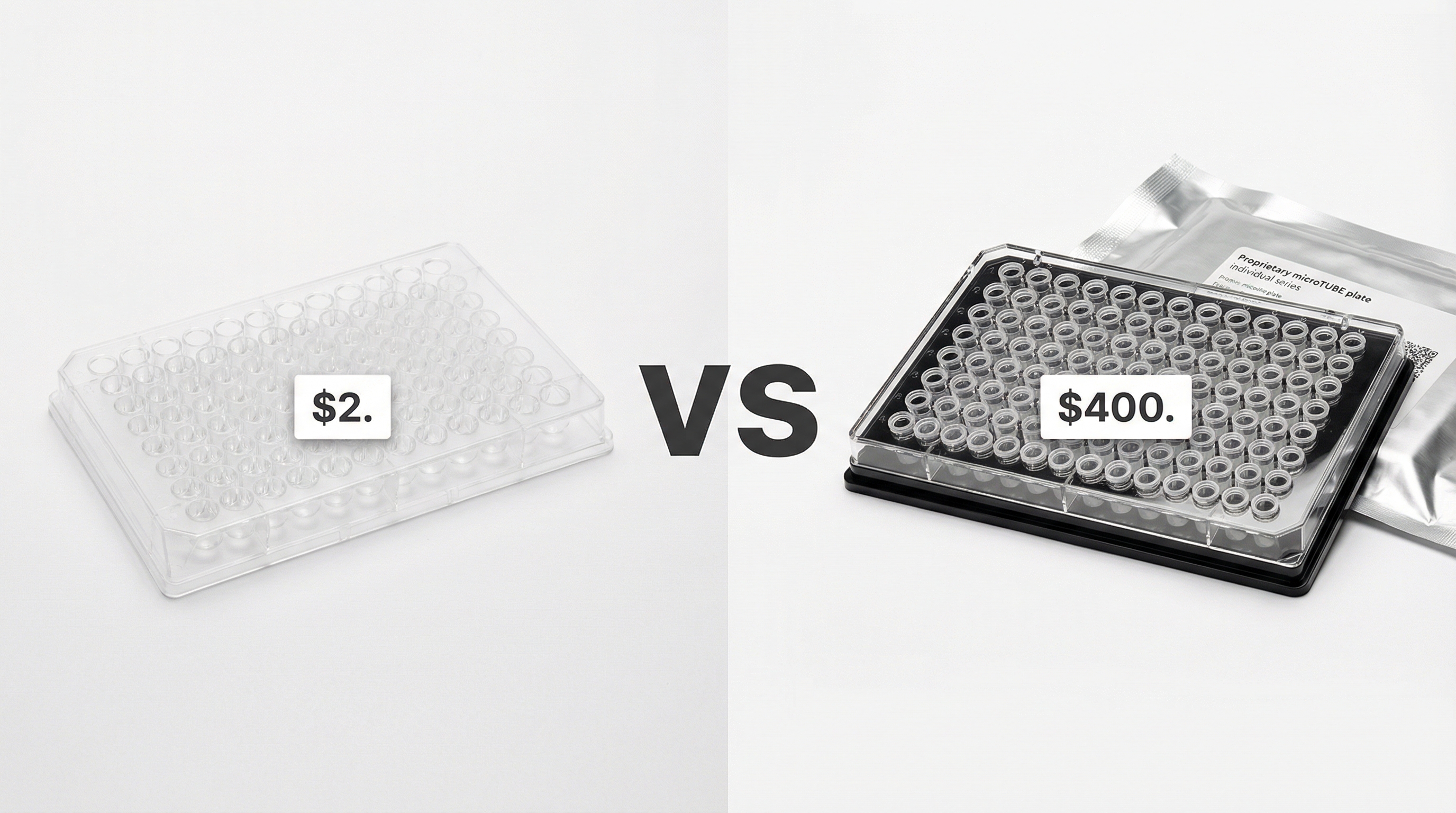 Standard $2 microplate next to $400 proprietary consumable, illustrating PIXUL cost savings